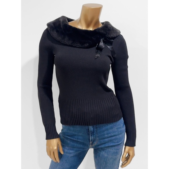 APT 9 Women's Black Pullover Knit Sweater with Faux Fur Collar Size S - Picture 1 of 6